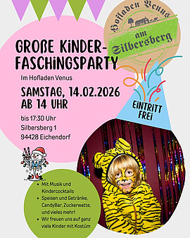 Banner Große KINDERFASCHINGS-PARTY im Hofladen Venus